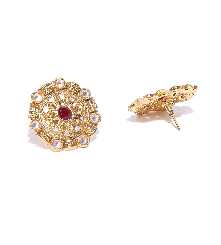 YouBella Red Gold-Plated Textured Circular Oversized Studs